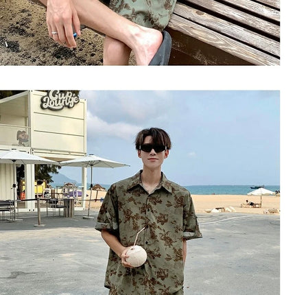 Loose Straight Leg Five-Quarter Beach Pants or Short Sleeve Printed Shirt Beach Travel Men's Fashion Floral Patterned Two-Piece Set