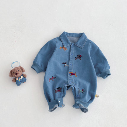 Baby one-piece suit, denim autumn wear, embroidered outdoor crawling clothes for boys and girls, Hayi, first birthday clothes fo