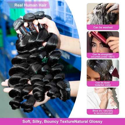 Peruvian Hair 30 40 Inches 1 3 4 Bundles Loose Wave Quick Weave Human Hair Bundles Unprocessed Curly Weave Extensions for Women