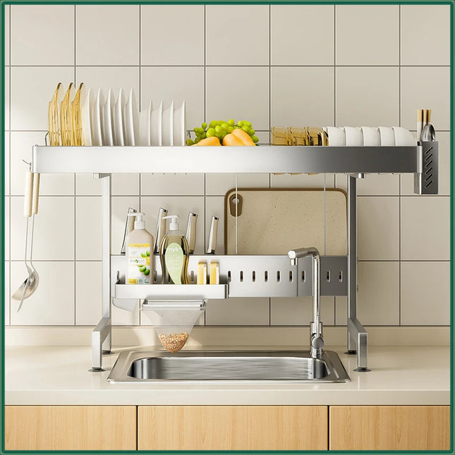 Adjustable Over Sink Dish Drainer Stainless Steel Kitchen Tableware Organizer Rack