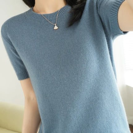 Summer New Women's Knitted Short Sleeve T-shirt Thin Wool Cashmere Short Sleeve Loose Fit Round Neck Top Outerwear Straight Cut