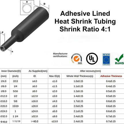2M Heat Shrink Tubing 4:1 Dual Wall Adhesive Lined Marine Grade Heat Shrink 4/6/8/12/16mm Wire Heat Shrink Tubing Insulation