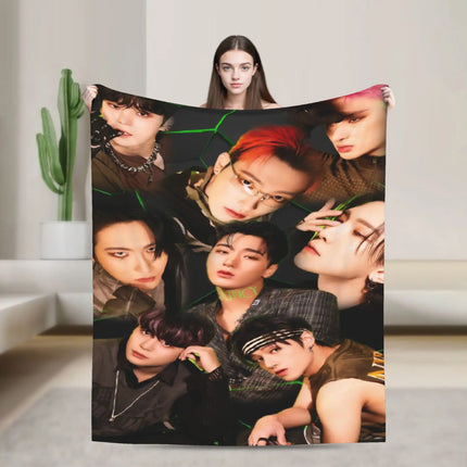 Mingi Kpop Ateez Band Flannel Blanket Autumn  Warm Bedding Throws for Children Outdoor Funny Bedspread Sofa Bed Cover