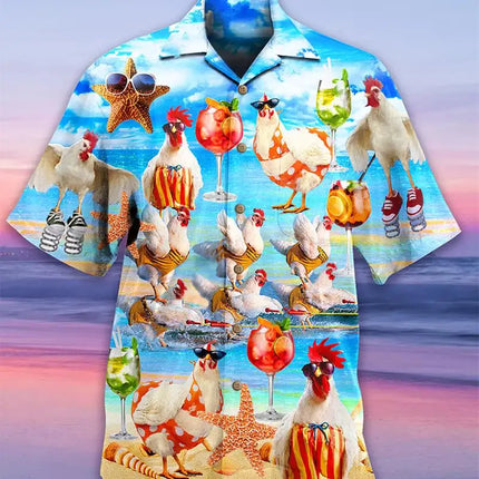 Newest Loose Breathable 3D Print Trendy Cool Fashion Chicken Shirts Beach Hawaiian Top Short Sleeves Summer Men's Men Tee
