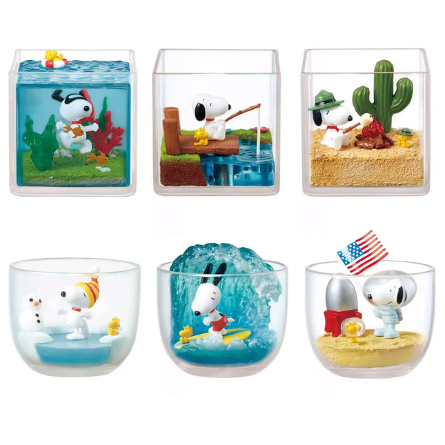 Snoopy Woodstock Happy Time in Terrarium Figures Collect Fishing Surfing Snorkeling Ice Skating Camping Scene Blind Box Toys