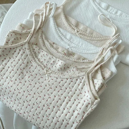 Sweet Floral Print Eyelet Bow Cropped Vests Women Cotton Casual Slim Lace Trim Tank Tops Vintage Preppy Style Cute Camisole Y2K