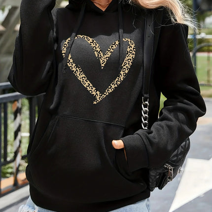 Women's Casual Hooded Sweatshirt with Leopard Heart Pattern, Long Sleeve Pullover with Kangaroo Pocket, Casual Wear Hoodie, Trendy