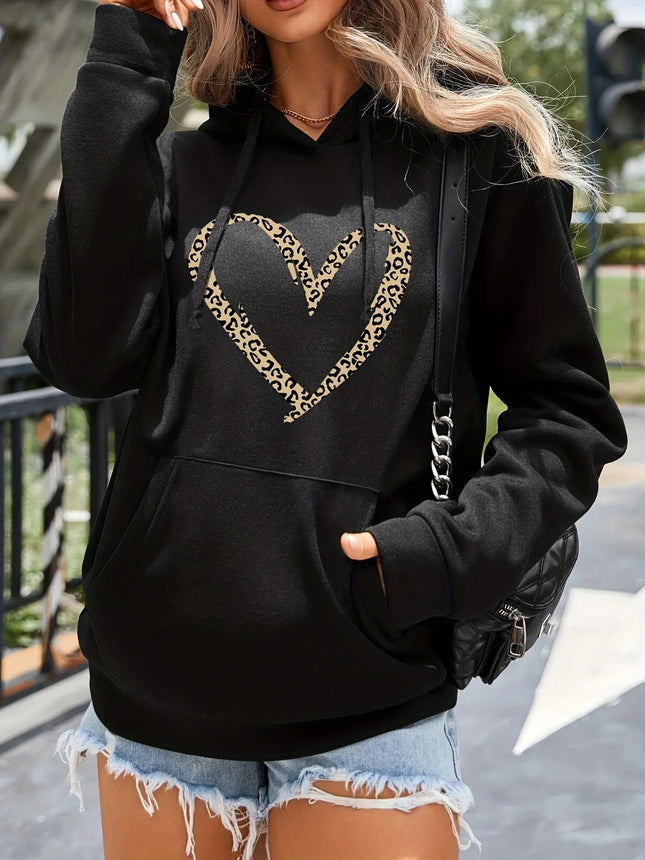 Women'S Casual Hooded Sweatshirt with Leopard Heart Pattern Long Sleeve Pullover with Kangaroo Pocket Casual Wear Hoodie Trendy