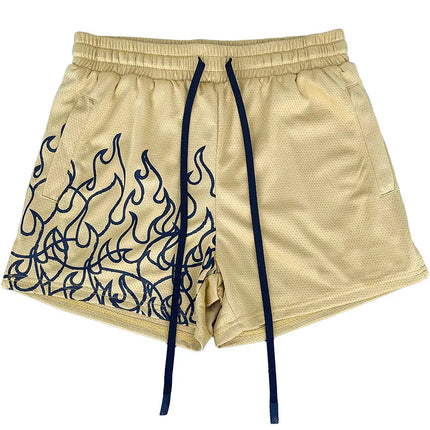 Men's Flame Print Casual Sports Shorts Breathable Mesh Adjustable Drawstring Waist Loose Fit Summer Street Daily Wear Trendy
