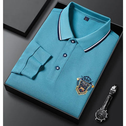 New Men's Long-sleeved Cotton Polo Shirt Fashion Embroidery Casual Bottom Pullover Shirts Tops Men's Clothing
