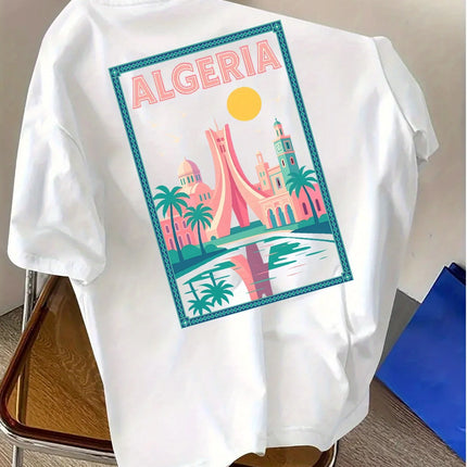 Casual vacation clothes! Men's fashion T-shirt with "ALGERIA" printed round-neck T-shirt fashion short-sleeved