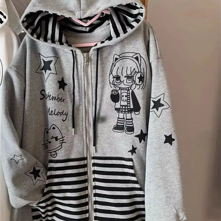 Japanese Y2k Hoodies Jackets Women Clothes Polka Dot Cat Print Sweatshirts 2025 Ropa Mujer Casual Chic Hooded Cute Hoodie Tops