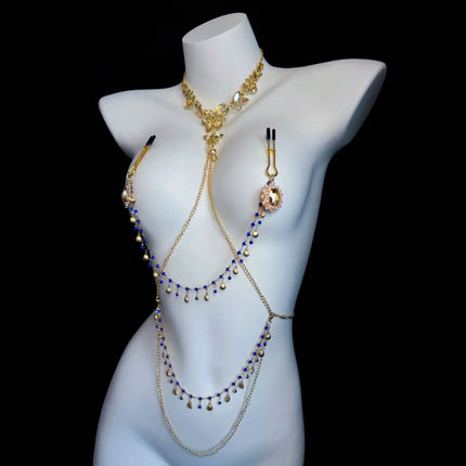 Sexy Gold Collar Sparkling Rhinestone Nipple Clamps BDSM Body Restraint Couple Training Waist Chain Female Sexy Accessories 18+