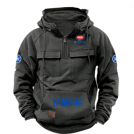 YAMAHA Zipper Hoodie for Outdoor Sports Enthusiasts, 2026 New Men's Fashion Half-Zip Pocket Autumn-Winter Hooded Sweatshirt
