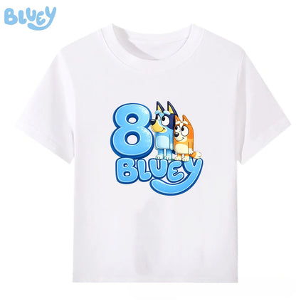 Bluey White Kids Birthday Party T Shirt Number Print 100% Cotton Short Sleeve Tee Boys Girls Age 1-9