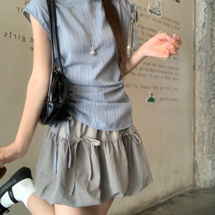 Blue Striped Drawstring Tie Women's Shirt Summer New Style French Stripe Design Modified Version Round Neck Sleeveless Dress