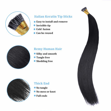 I Tip Hair Extensions Human Hair Pre Bonded Hot Fusion Keratin Real Remy Human Hair Extensions Black Color 50 Strands Stick
