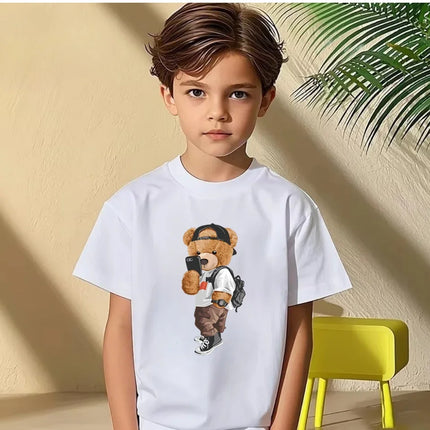Children's Cool Bear Cartoon T-Shirt, Print Cotton T Shirts, Kids Clothes, Summer Fashion, New, 2026