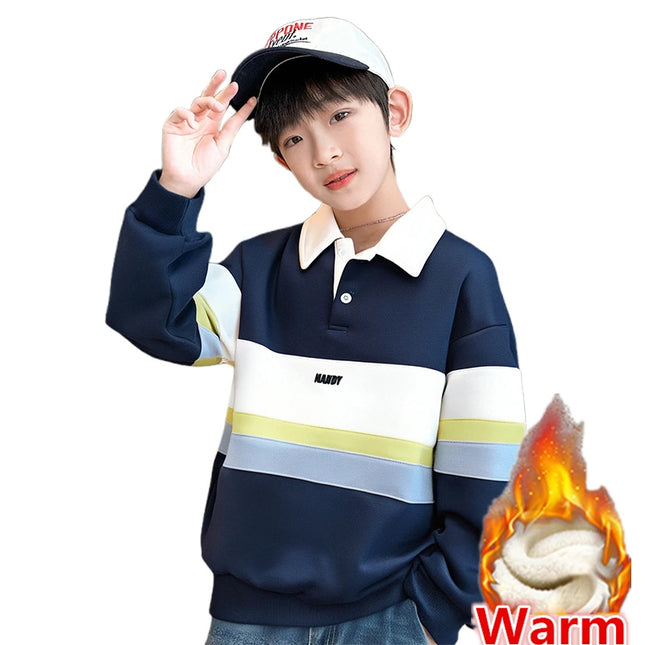 Korean Children Long Sleeve Winter Polo Shirt Coat for Tweens Boy Age 5 To 14 Years Kids Casual Warm Insulated Polo Sweatshirt