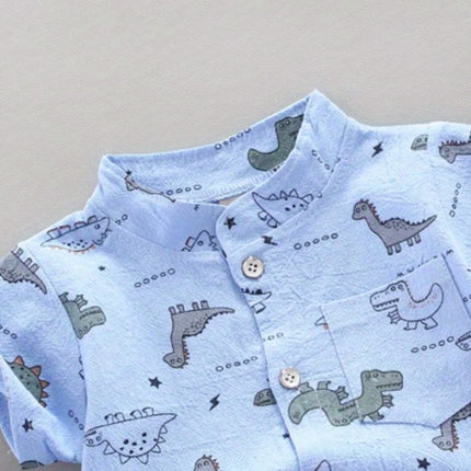 Infant and toddler summer full print small dinosaur pattern short sleeved shorts set, outdoor standing collar shirt, fashionable