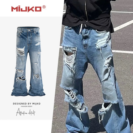 MIJKO Unisex Wide Leg Flared Jeans Torn Hole Cut with Cat Whisker Fringe Blue for Men And Women ZJ014