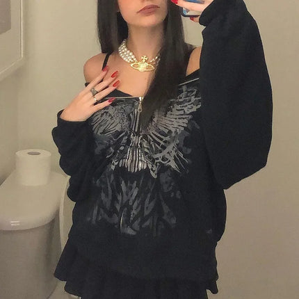 Gothic Butterfly Print Oversize Zip Up Hoodies 2025 Winter New Grunge Long Sleeve Sweatshirt Casual Hooded Jacket Streetwear
