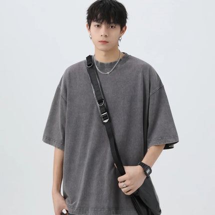 Summer men's washed T-shirt 230G pure cotton retro faded loose neutral basic short-sleeved loose fitness top