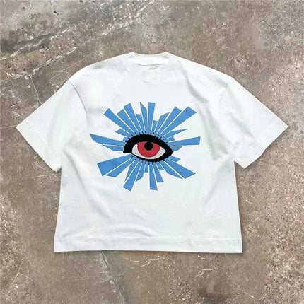 Summer 2025SS Puff Print House Of Errors Eye Logo Tee  Women T-shirt High Street Vintage Black Short Sleeve Cotton Casual Tops