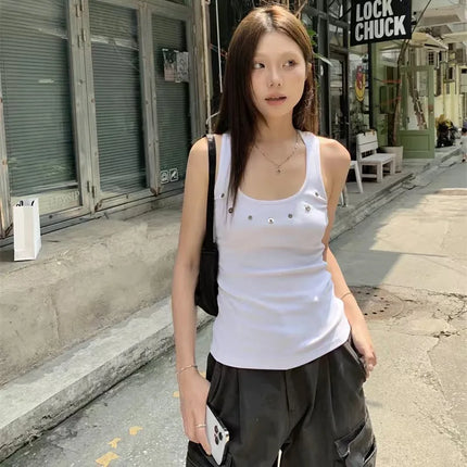 White Hollow out Work Letter Strap Vest Women Summer Design Unique American Spicy Slim Fit Svel Top Outerwear