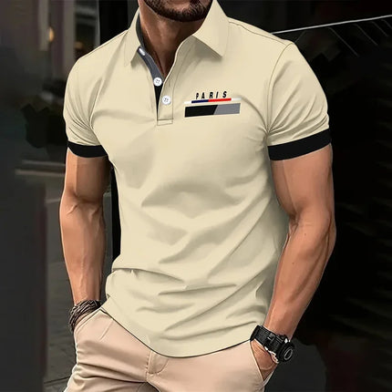 Parisian print short-sleeved polo shirt for men's casual style, multi-functional lapel shirt, summer street men's casual breatha