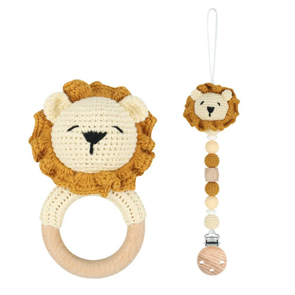 Baby Rattle Crochet Bear Teether Rattle With Bells Pacifier Chain Newborn Montessori Educational Toy Wooden Rings Baby Toys