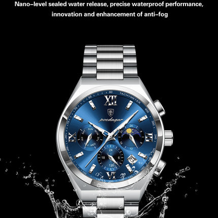POEDAGAR Fashion Functional Men's Wristwatch Luminous Week Date Business Watch For Men Stainless Steel Sports Men's Quartz Watches
