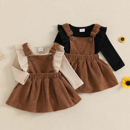 0-18months Baby Girl Spring Fall Outfit Solid Ruffled Long Sleeve Crew Neck Romper with Corduroy Suspender Overalls 2 Pcs Set