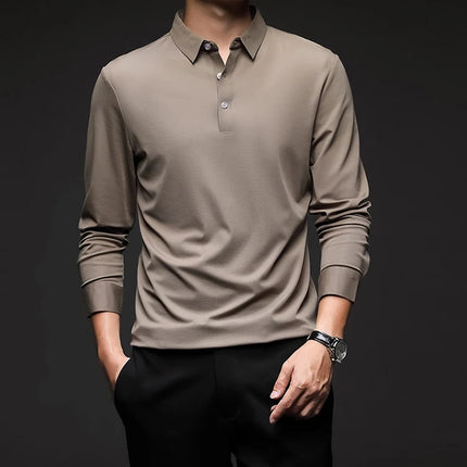 Minglu Mulberry Silk Men's Polo Shirts Luxury Long Sleeve Solid Color Golf Male T-shirts Spring Autumn Business Casual Man Tees
