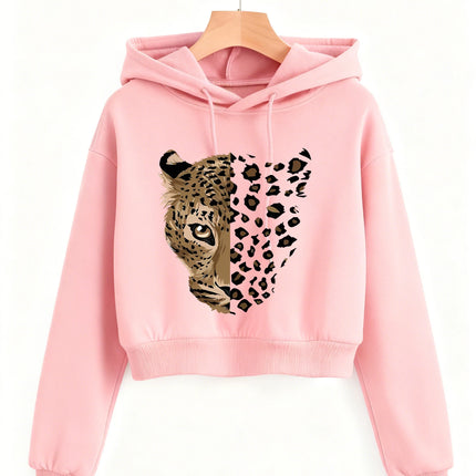 Fashion Leopard Tiger Print Autumn Winter Cropped Sweatshirt Crop Top Hoodie Y2k Sweatshirts Gothic Casual Style Clothes