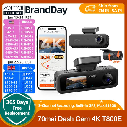 70mai 4K T800E 3-Channel Dash Cam Front Rear Interior 3-in-1 Voice Control 24H Parking Supercapacitor GPS 4K Car DVR 70mai T800E