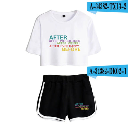 Youthful Black White After We Collided Girl Dew navel Two Piece Set Sexy Short Sleeve Crop T-shirts+Shorts Pants Tracksuit