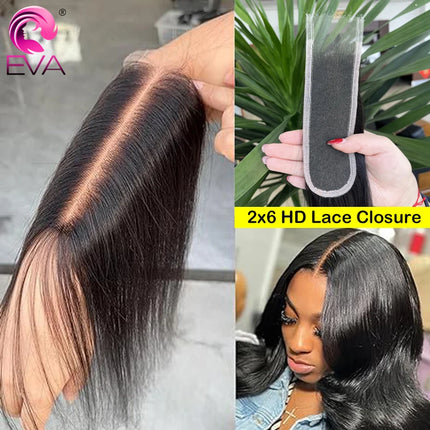 Eva Hair 2x6 Invisible HD Lace Closure Straight Human Raw Hair 6 Inch Deep Middle Part Kim K HD Lace Closures Melt Skin Closures