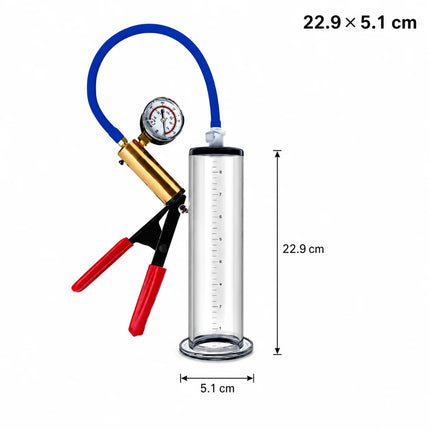 Male Acrylic Cylinder Vacuum Pump Sex Toy with Blue Hose Red Hand Grip Gauge and Man Masturbation Accessories