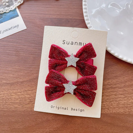 Korean Wine Red Velvet Children's Hair Clips Stylish Versatile Fabric Bow Broken Bangs Clips New Year Christmas Girls' Hairpins