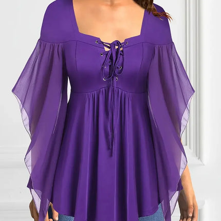 Plus Size Elegant Chiffon Blouse for Women Halloween Chic Lace-Up V-Neck Blouse Solid Color Flutter Sleeves Blouse Tops