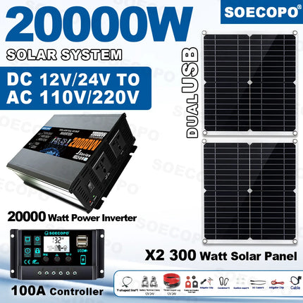 SOECOPO 20000W Peak Solar System Complete Kit 2*300W Panel 12V 24V To 220V 110V Inverter Socket 100A Controller for Home Camping