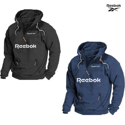 Reebok Men's Spring/Autumn Hooded Sweatshirt, Retro Sports Style, Loose Casual Top, Solid Color with Multiple Zippers Design
