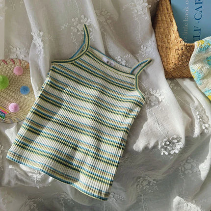 2024 Summer Girls 2-8 Years Casual Stripe Suspender Kids Cotton Sleeveless Shirts