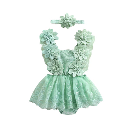0-24 Months Baby Girl Romper Dress Outfit Flower Embroidery Tie-Up Mesh Bodysuits Bow Headband 2 Piece Summer Set