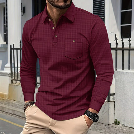 Men's Waffle Knit Polo Henley Shirt - Casual Long Sleeve Turn Down Collar Chest Pocket Button Tee
