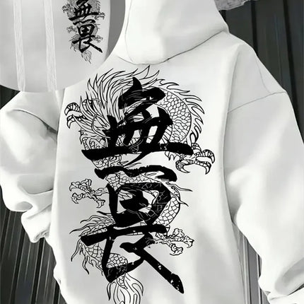 Japanese-style Harajuku Dragon Print Men Women Hoodies Outdoor Street Sporty Casual Fitness Loose Autumn Winter Sweatshirt Top