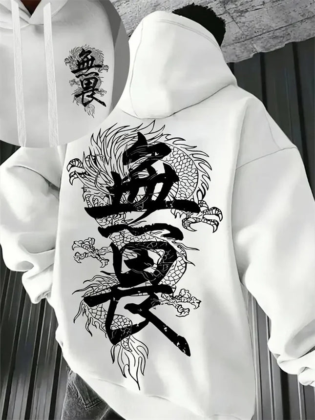 Japanese-style Harajuku Dragon Print Men Women Hoodies Outdoor Street Sporty Casual Fitness Loose Autumn Winter Sweatshirt Top