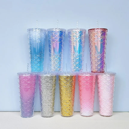 LUSQI 710ml Water Bottles With Straw Large Capacity Reusable - Creative Fish Scale Devise Plastic Drinking Cup