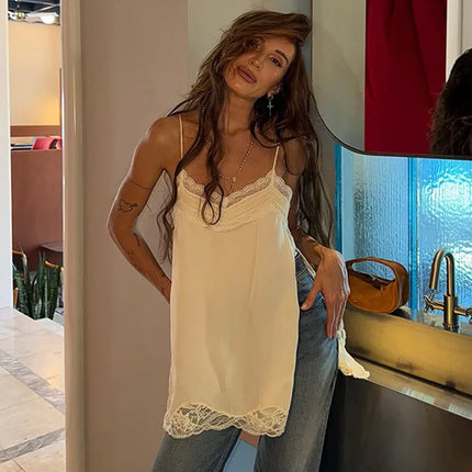 Women Lace Patchwork Sling Top Sexy V-neck Sleeveless Side Split Solid Color Vest 2025 New Summer Lady Party Vacation Tops